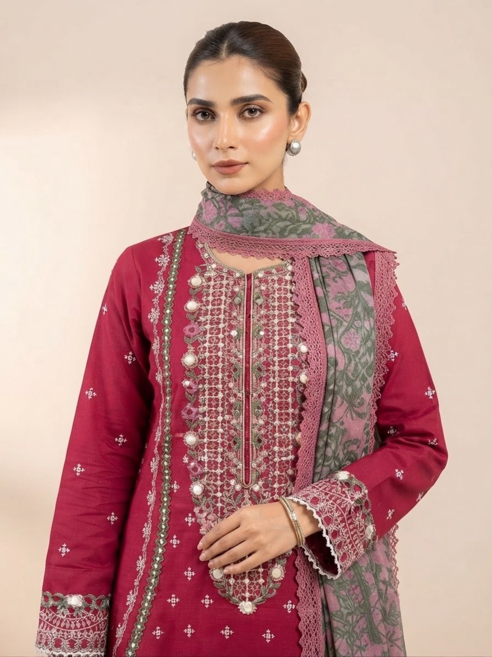 Embroidered Maroon Women's Dress with Printed Scarf